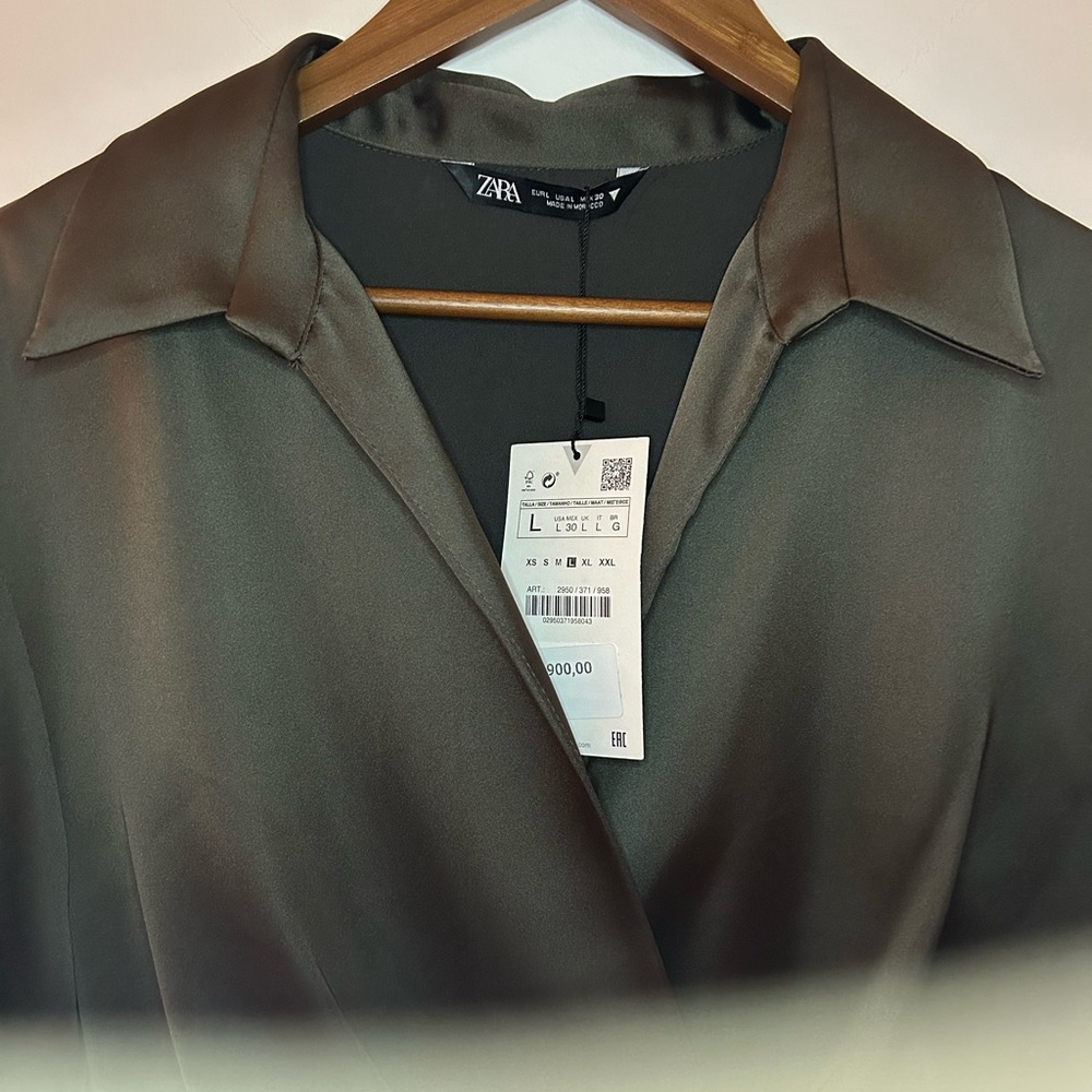 Zara Olive Satin Faux Wrap Long Sleeve Mini Dress - Picture 5 of 14